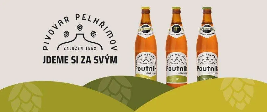 Nové logo Pivovar Pelhřimov – Jdeme si za svým – a lahve Poutník Výčepní, 11° a Premium